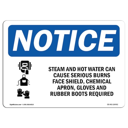 OSHA Notice Sign, Steam And Hot Water Can Cause With Symbol, 18in X 12in Decal